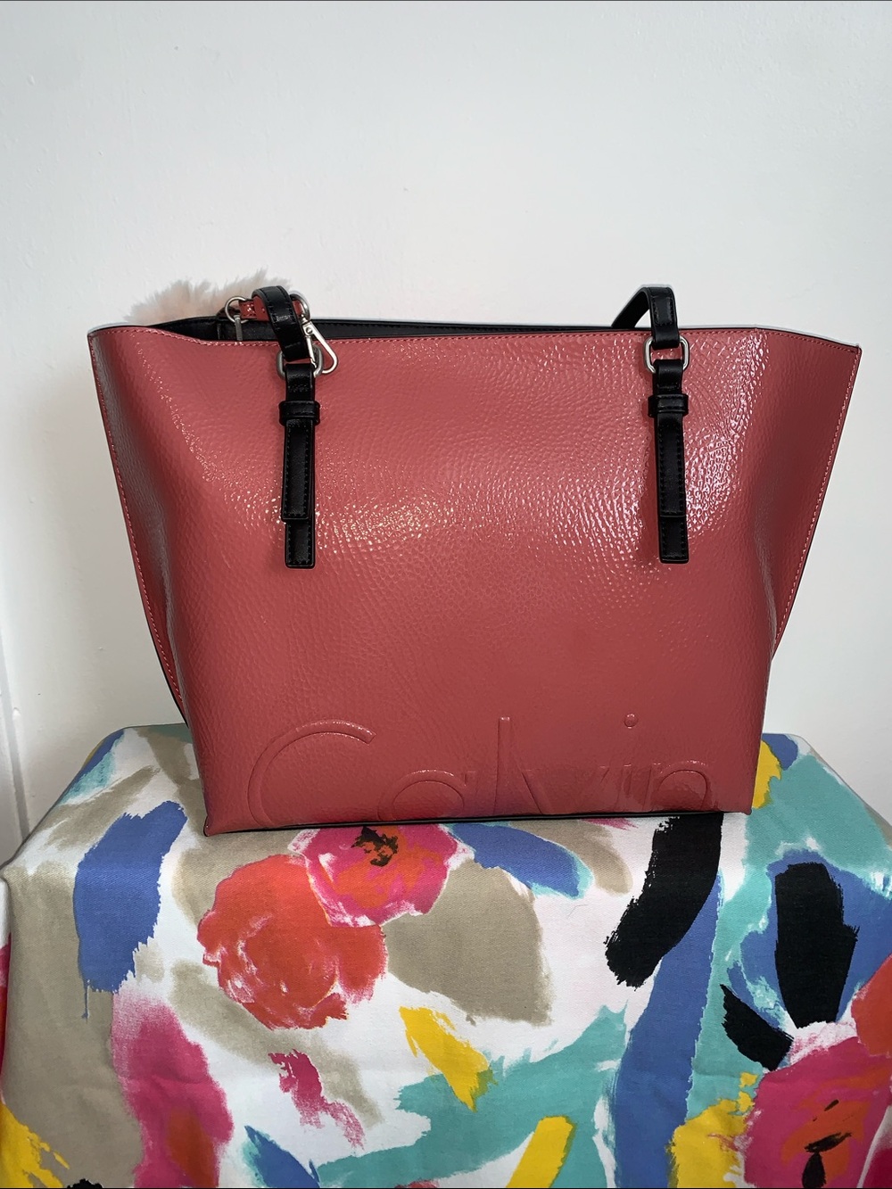 Calvin Klein Rosewood Pebbled Leather Tote with Black Straps